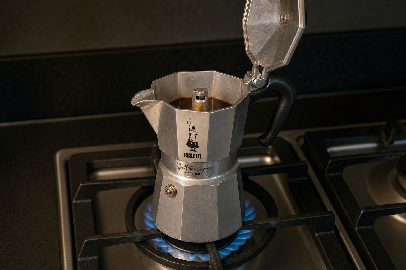 Bialetti Moka Express 3-cup on a lit gas burner, lower chamber full of coffee, ready to brew