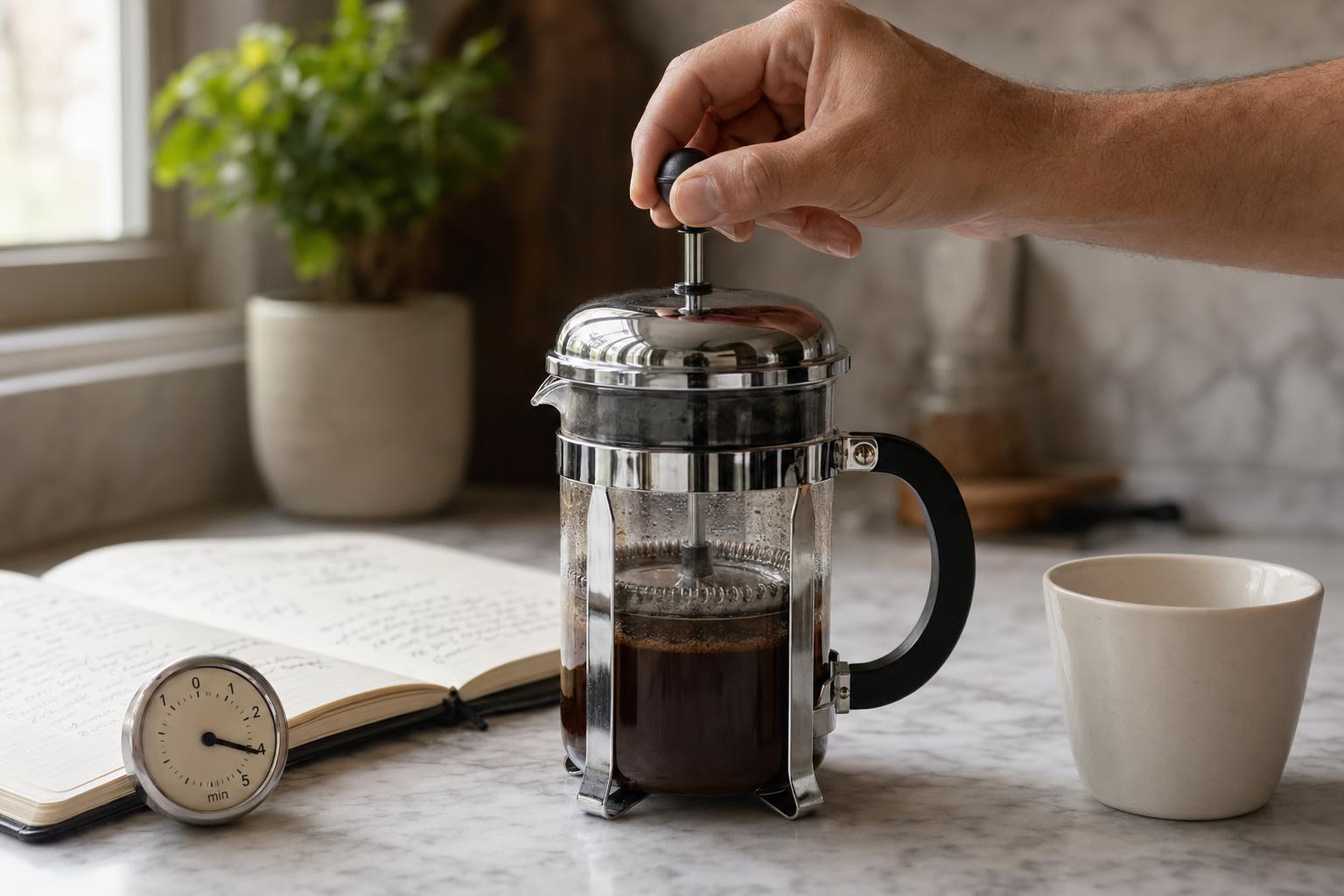 A hand pressing the plunger down on a Bodum Chambord French press, mesh filter mid-travel through the dark coffee, four-minute timer in the foreground