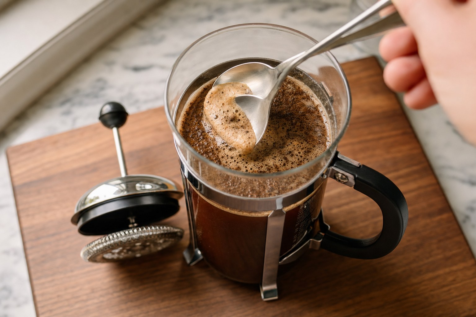 James Hoffmann skim step on a Bodum Chambord French press, a spoon lifting foam and floating coffee fines off the surface of the brew at the five minute mark