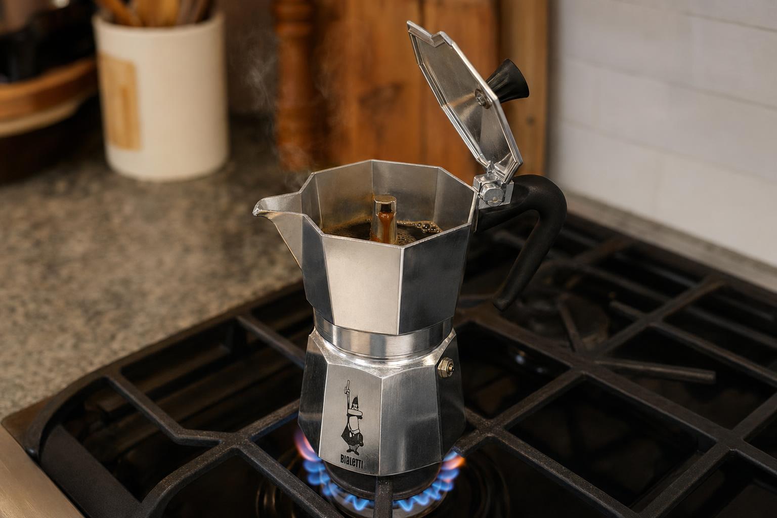 A 6-cup Bialetti Moka Express on a gas burner with the lid open, brewed coffee just emerging into the upper chamber