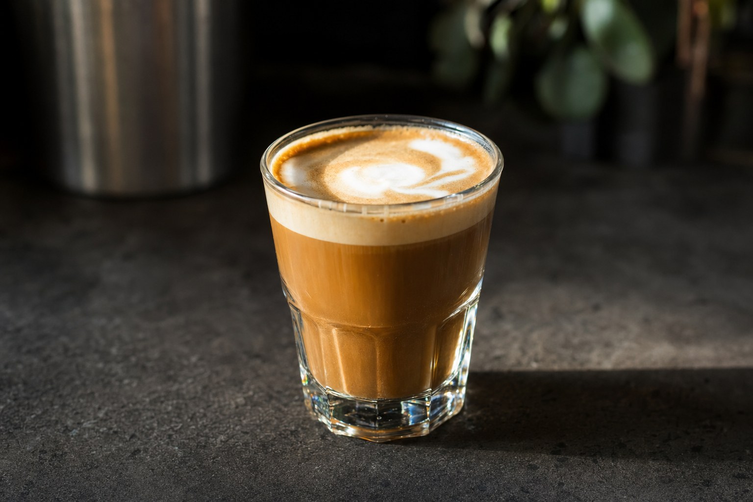 Cortado served in a clear Gibraltar glass on a dark concrete surface, showing the 1:1 espresso-to-milk ratio
